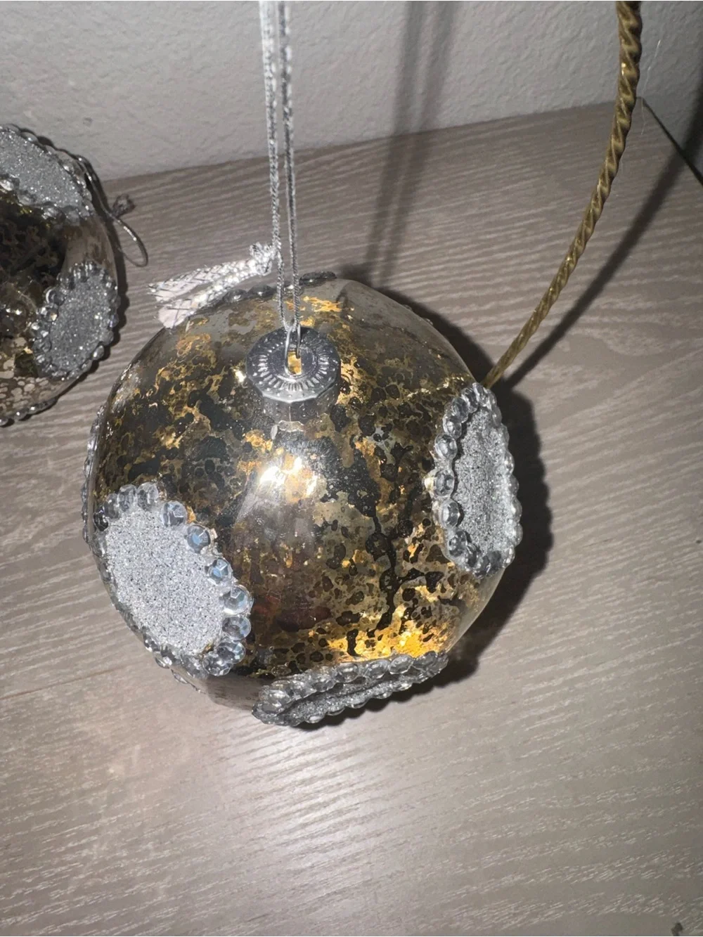 Silver mercury glass, Christmas ornament with beaded crystal set of 5